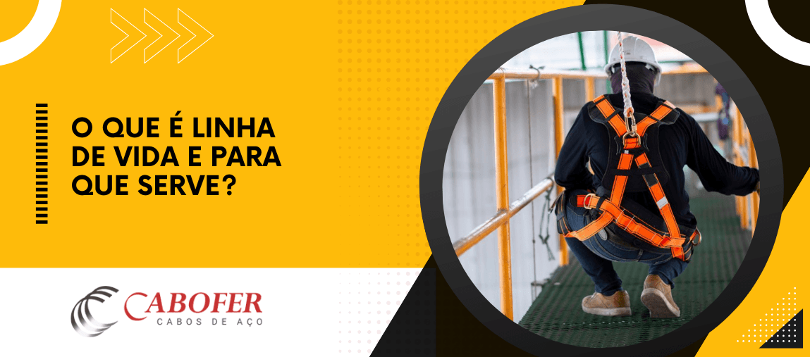 Arte com trabalhador usando cinturão de segurança em altura explicando o que é linha de vida e para que serve na prevenção de quedas em ambientes industriais.